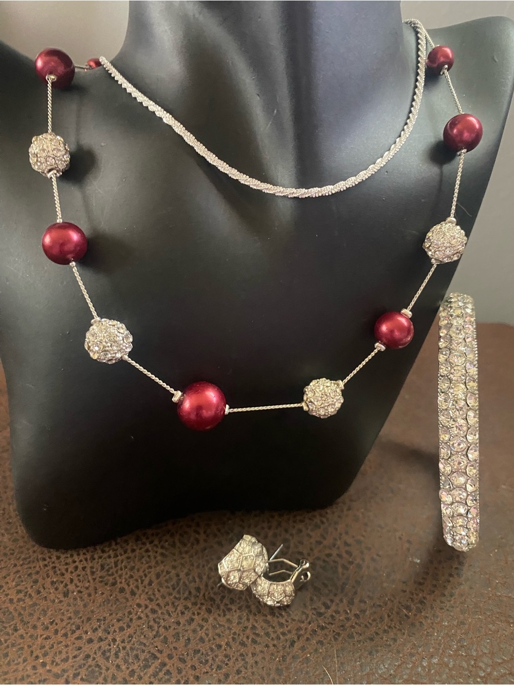Silver Chain with Crimson/ Burgundy Pearl & Pavé Crystal Beads, Earrings, Bangle
